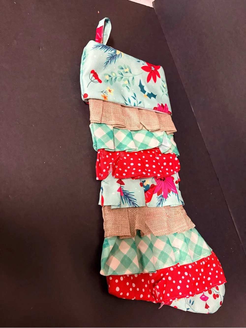 Pioneer Women vintage Ruffled Holiday Stocking - Mint, Red & Tan
